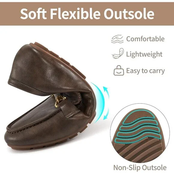 Women's Moccasins Loafers Brown Leather Casual Pull On Round Toe Penny Shoes - Picture 5 of 6